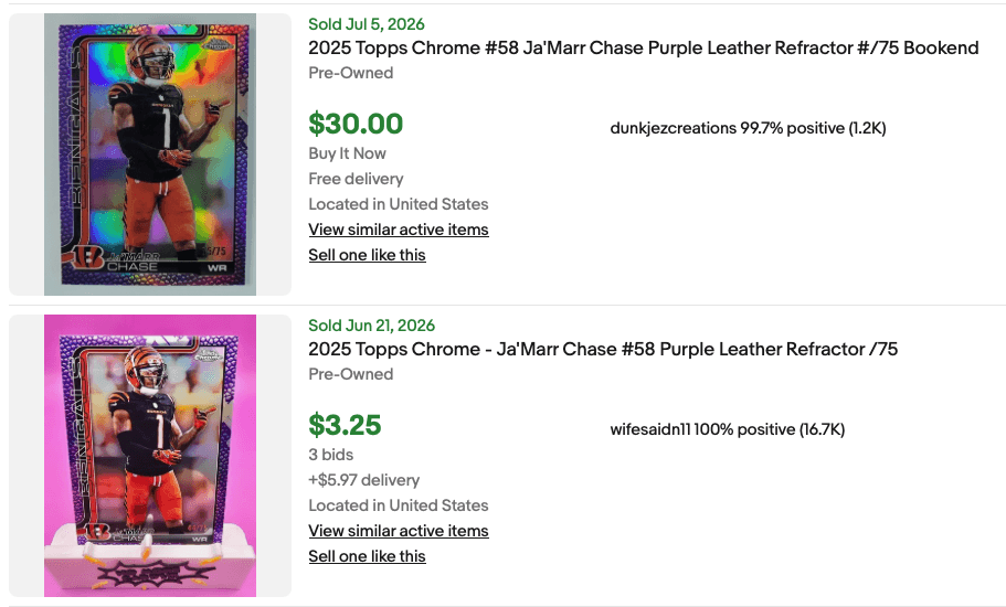 Two eBay sold listings for the 2025 Topps Chrome Ja'Marr Chase Purple Leather Refractor /75. The 75/75 bookend sold July 5, 2026 for $30.00. A non-bookend copy sold June 21, 2026 for $3.25.