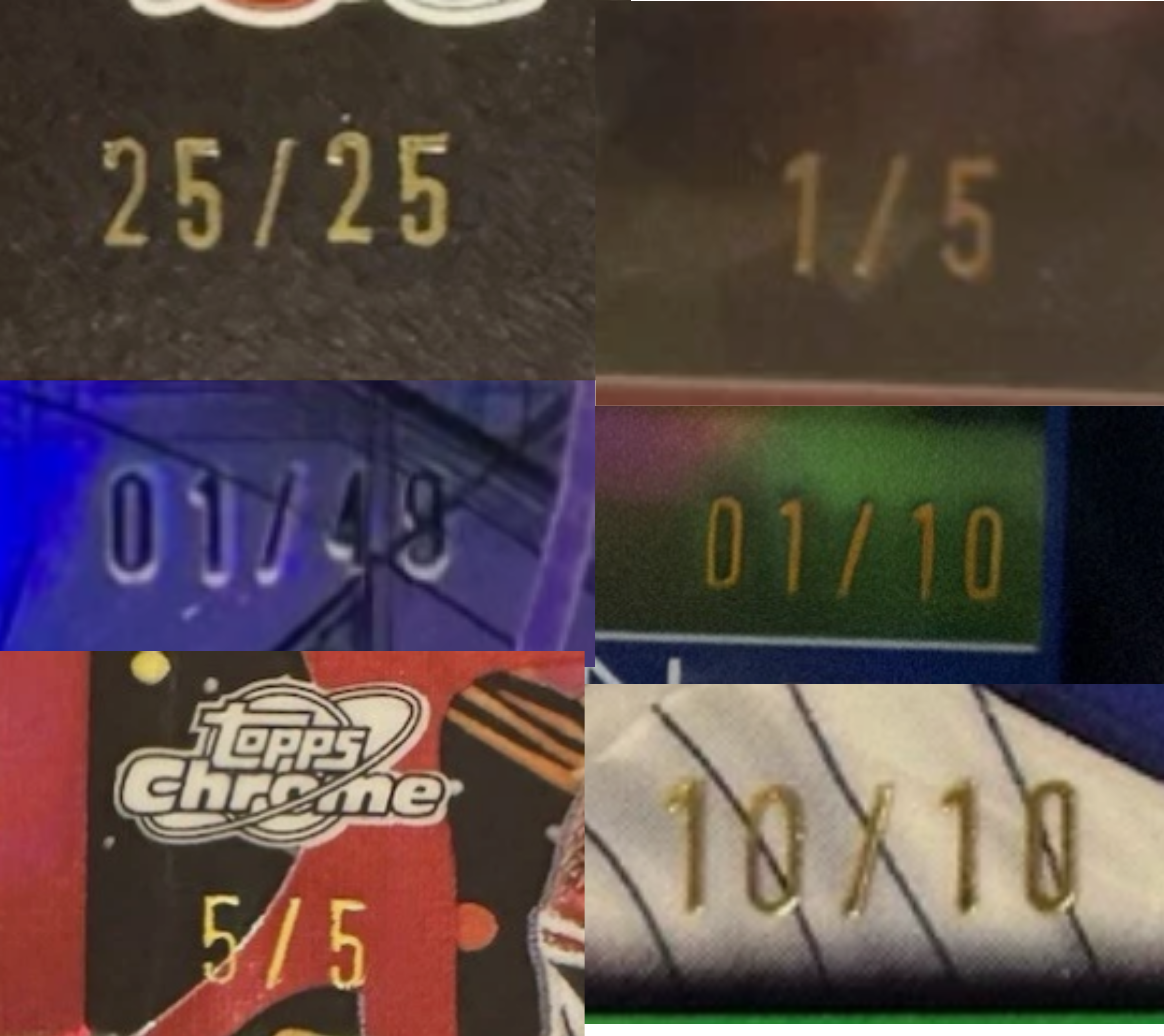 Six close-up photos of real bookend cards showing the serial number stamped on the card: 25/25, 1/5, 01/48, 01/10, 5/5, and 10/10. A mix of first-copy (1/X) and last-copy (X/X) bookends across four different print runs.