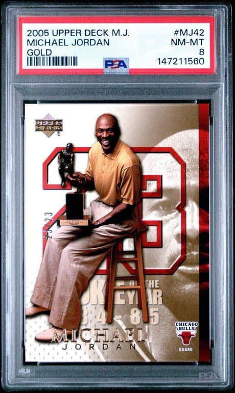 A 2005 Upper Deck Michael Jordan card serial-numbered 23/23, a jersey match